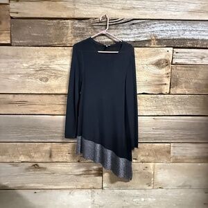 Eileen Fisher Asymmetrical Colorblock Metallic Crinkle Tunic, black/silver, Med